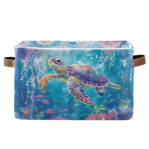 Foldable Storage Basket with Handles - Watercolor Turtle & Jellyfish Design