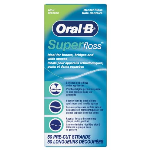 Mint Oral-B Super Floss Pre-Cut Dental Floss for Bridges & Braces – 50 Strands, Pack of 1