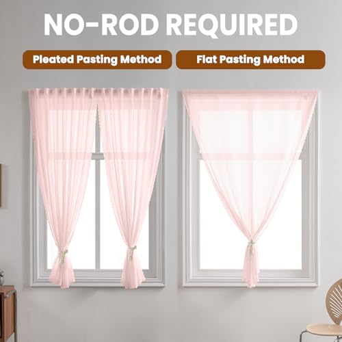 Pink Sheer Gauze Curtains - Self-Adhesive Privacy Panels (44" W x 63" L, 2 Panels)