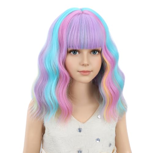 PATTNIUM Kids Rainbow Wavy Wig with Bangs - Heat Resistant Synthetic