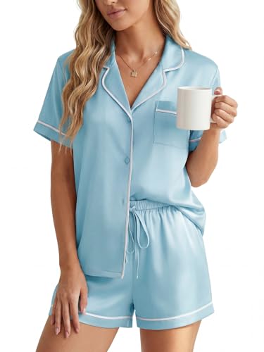 Women's Satin Pajama Set Short Sleeve Button-Down 2 Piece Sleepwear