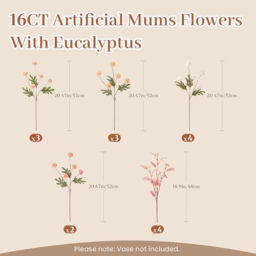 16 Pcs Faux Silk Mums with Eucalyptus - Pet Safe, Bendable Stems