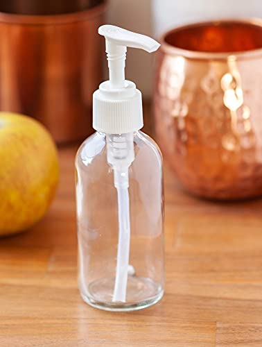 JUVITUS 4 oz Clear Glass Boston Round Bottles with Lotion Pumps, 6 Pack