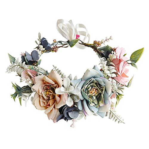 Faylay Flower Headband Wreath Pink & Blue Boho Hair Crown for Weddings & Festivals