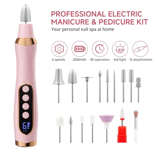 MEOUNEQU Dark Pink Cordless Nail Drill with 360° LED Light & 6 Speeds