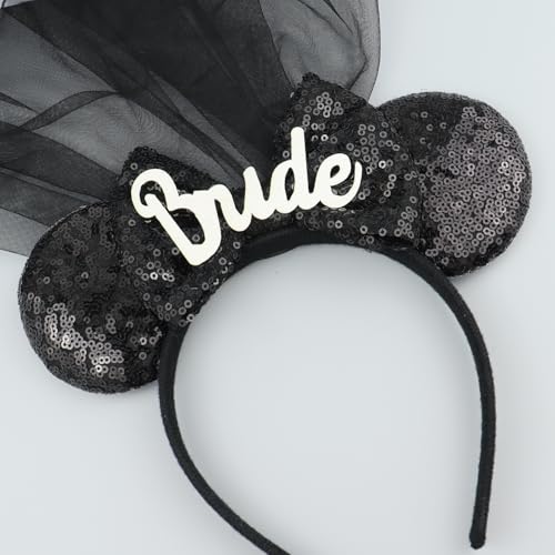 LIHELEI Black Bridal Mouse Ear Headband with Veil for Halloween Bachelorette Party Women Girls