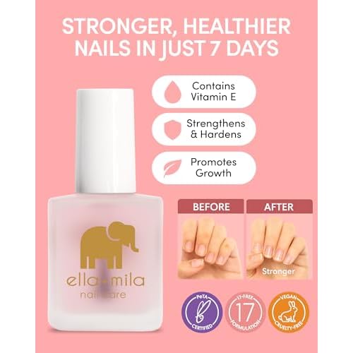 ella+mila Nail Strengthener and Growth Treatment - First Aid Kiss Nail Hardener for Damaged Brittle Thin Nails - Strengthening Polish with Vitamin E - Vegan (0.45 fl oz)