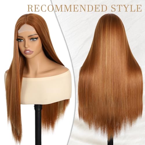 28 Inch Honey Blonde Straight Wig for Women - Heat Resistant Synthetic Lace Front