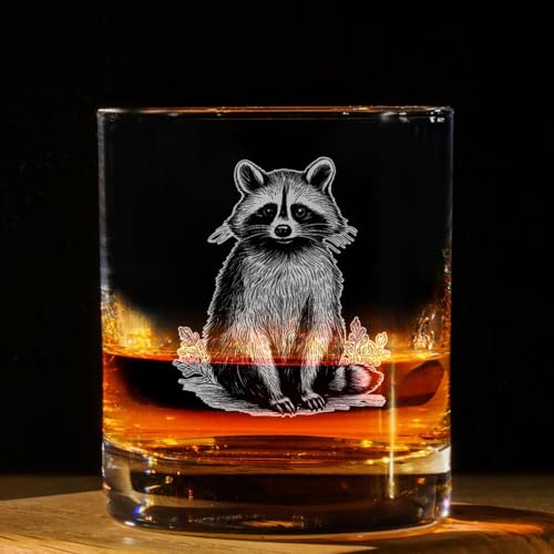 Vintage Raccoon Engraved Whiskey Glass - 11oz Barware Gift