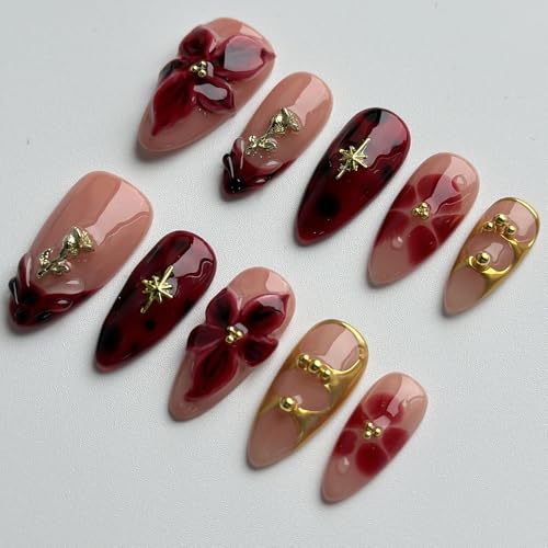 Luxury Medium Almond Press-on Nails - Handmade Red Floral Acrylic Set