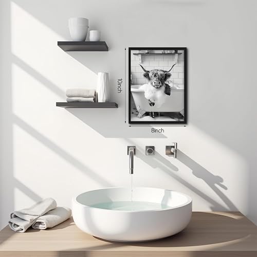 Funny Highland Cow Bathroom Wall Art - Black & White Canvas Print 10x8