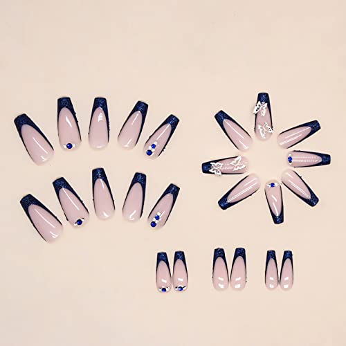 IMSOHOT Long Press-On Nails Coffin French Tip Blue Butterfly Rhinestones 60B-001 24pcs