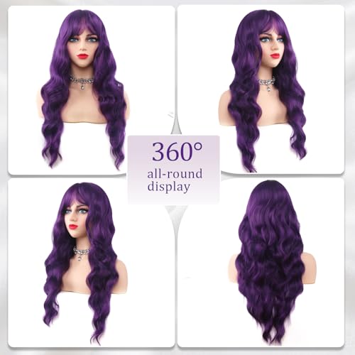 Purple 26 Inch Long Wavy Wig with Bangs - Heat Resistant Synthetic