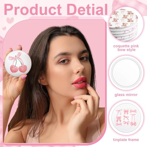 48 Pcs Pink Bow Mini Pocket Makeup Mirrors - Compact & Stylish