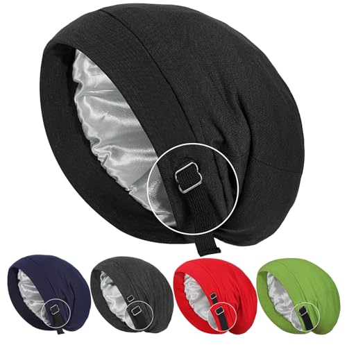 6LK Black Satin Lined Bonnet Sleep Cap for Curly Hair & Braids