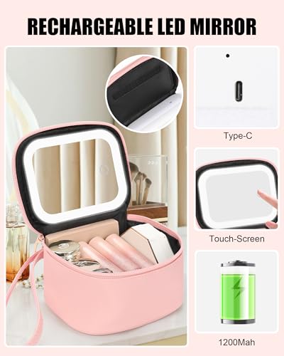 Personalized Initial Makeup Bag with LED Mirror - Pink
