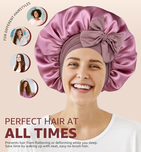 HiRui Double-Layer Silk Satin Sleep Bonnet for Women Large Blush Pink
