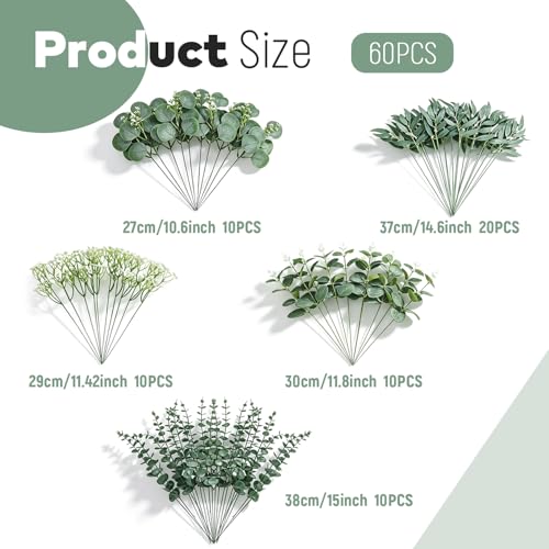 60Pcs Mixed Artificial Eucalyptus Stems for Floral Arrangements