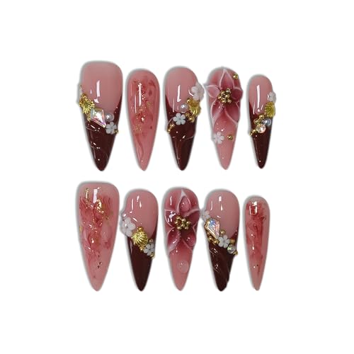 TENPAL Burgundy French Tips Long Stiletto Press-On Nails 3D Floral L