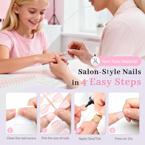 QIEK Kids Press On Nails French Purple Flower - 16 Sizes, Safe & Non-Toxic