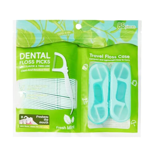 Green Mint Dental Floss Picks with 2 Travel Cases & 65 Refills - LIAMOSS