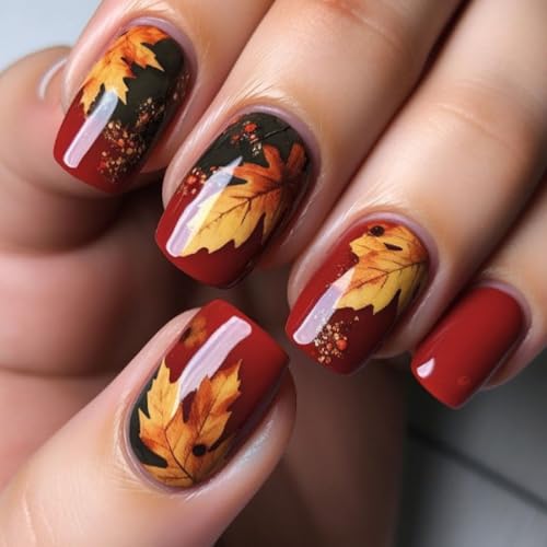 Fall Press on Nails Short Square Maple Leaves Glitter Design Glossy Fake Nails 24Pcs