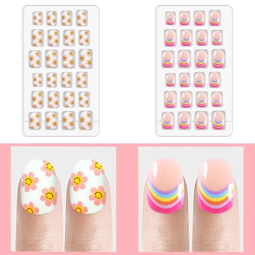 Laza 120pcs Rainbow Flower Press On Nails Kit for Kids