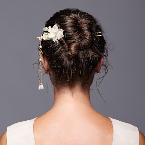 Camellia 5pcs White Flower Tassels Hairpins for Women Wedding Pearl Headpiece