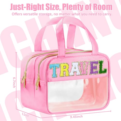 BuyCard Pink Chenille Letter Clear Travel Makeup Bag with Handles – Waterproof Nylon Toiletry Organizer, Spacious & Secure