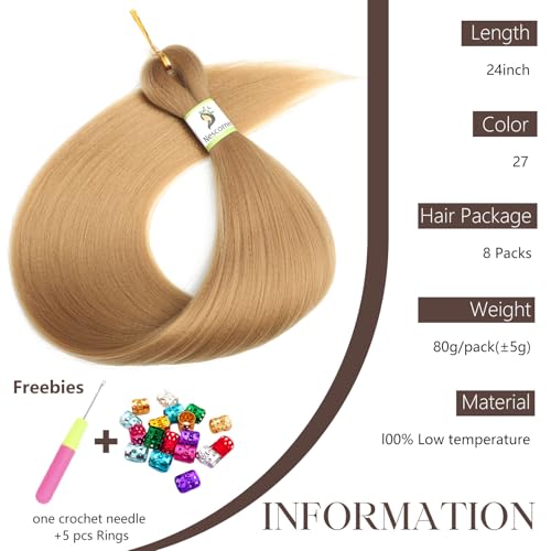 Nescorner 27# Pre Stretched Braiding Hair 24 Inch 8 Pack for Women, Yaki Straight Texture