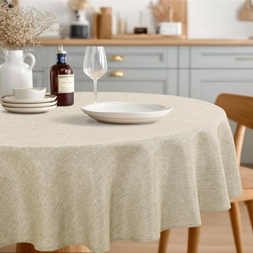 JIUZHEN 60 Inch Round Faux Linen Tablecloth - Stain & Wrinkle Resistant for Dining & Camping