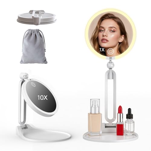 Qinxinmir 10X Magnifying Travel Makeup Mirror with 3-Color LED Lighting