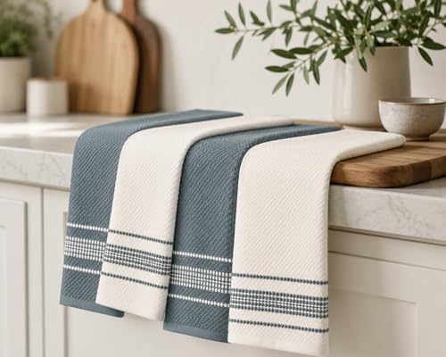 MosJos Cotton Kitchen Towels - Blue & White Stitched Design, 4-Pack, Super Absorbent 18x28