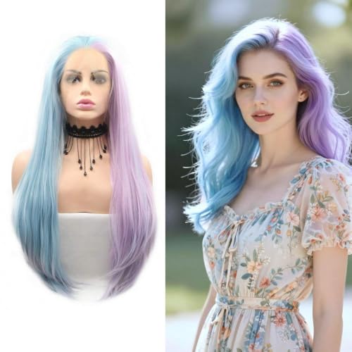 Serenewig Half Blue Half Purple Long Straight Synthetic Lace Front Wig for Women & Cosplay