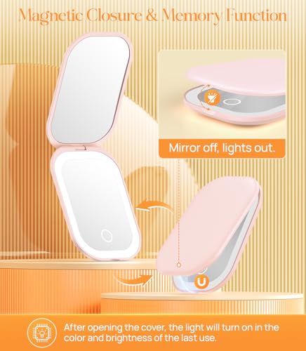 Gospire Light Pink Travel Makeup Mirror with 3X Magnification & LED Light