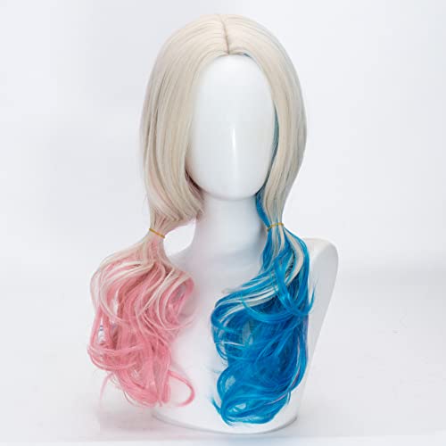 FALAMKA Long Curly Blonde Wig with Blue and Pink Highlights for Cosplay