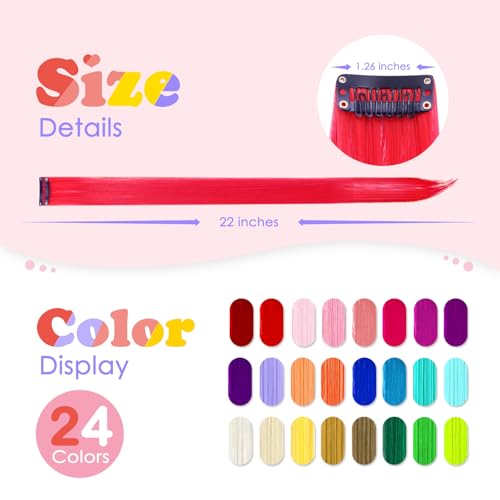 HappClan Red 22 Inch Clip-In Hair Extensions - Colorful Synthetic Rainbow Hairpieces for Girls & Women, Easy DIY Style, Party & Cosplay