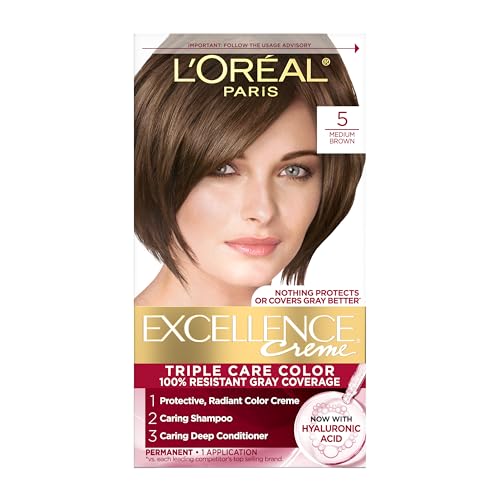 L'Oreal Paris Excellence Crème Hair Dye, 5 Medium Brown - 100% Gray Coverage