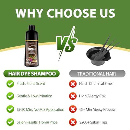 Lunory Brown Hair Dye Shampoo for 100% Gray Coverage - Ammonia-Free