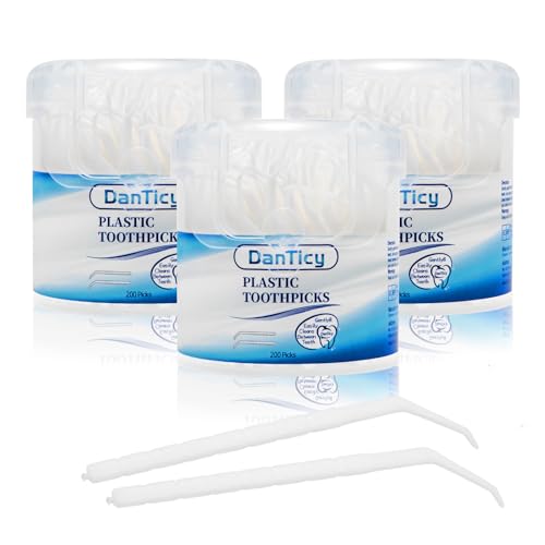 DanTicy White Interdental Toothpicks 600pcs Pack of 3 - Curved Plastic Dental Picks