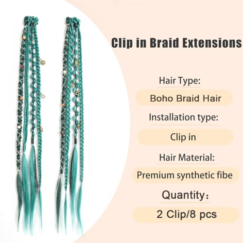 Eliza Green Braid Hair Extensions - 20" Clip-In Dreadlocks with Beads