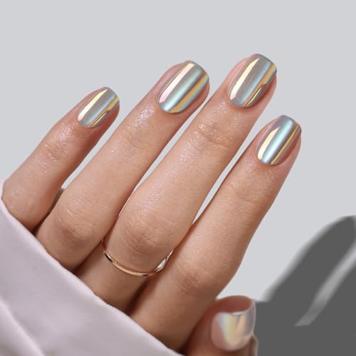 SHANGMENG Moonlight Press on Nails, Short Square Chrome Cat Eye Set, 32Ct