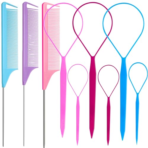 Topsy Tail Hair Tool Set 9pc — Rat Tail Combs & Loop Styling Tools for Women & Girls