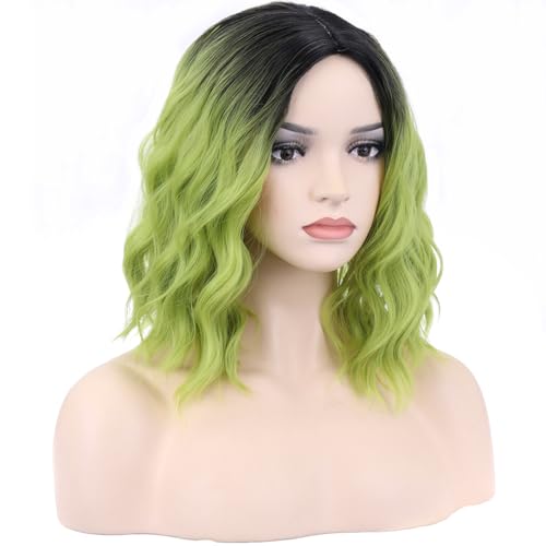 14" Curly Bob Wig - Black Ombre Green - Heat Resistant Synthetic Hair