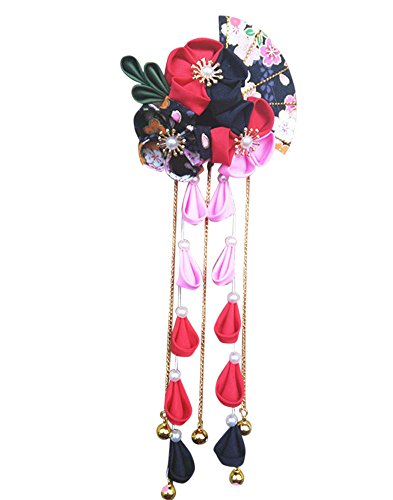 Japanese Floral Hair Clip - Black/Red Tsumami Kanzashi for Kimono