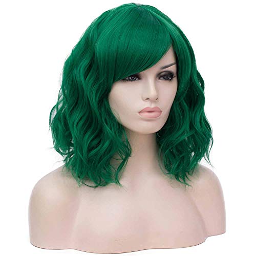 Mildiso Short Curly Wavy Green Wigs for Women with Bangs - 14 inch, Adjustable Cap