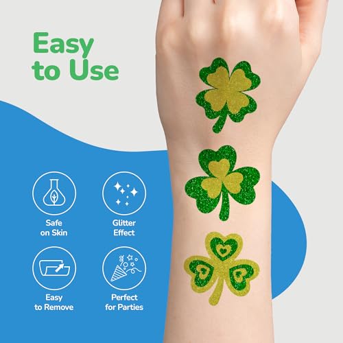 St. Patrick’s Day Glitter Shamrock Temporary Tattoos - Pack of 50, Non-Toxic Irish Party Favors