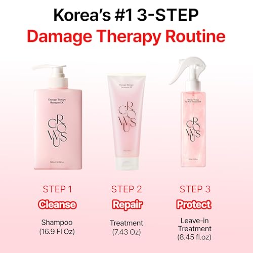 GROWUS Damage Therapy No-Wash Treatment - Leave-in Conditioner Spray & Heat Protectant for Dry Damaged Hair - Anti-Frizz Detangler with Pearl Protein, Softness & Radiant Shine, 8.45 fl.oz (Due Rose)