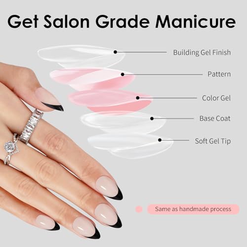 Canvalite Black French Tip Reusable Press On Nails - Short Almond Fake Nails with Glue & Remover, Manicure Kit for Women