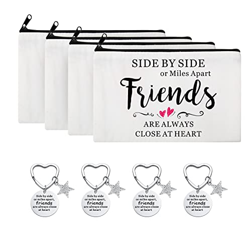 4 Pcs Friendship Gift Set: Canvas Makeup Bags & Stainless Steel Keychains